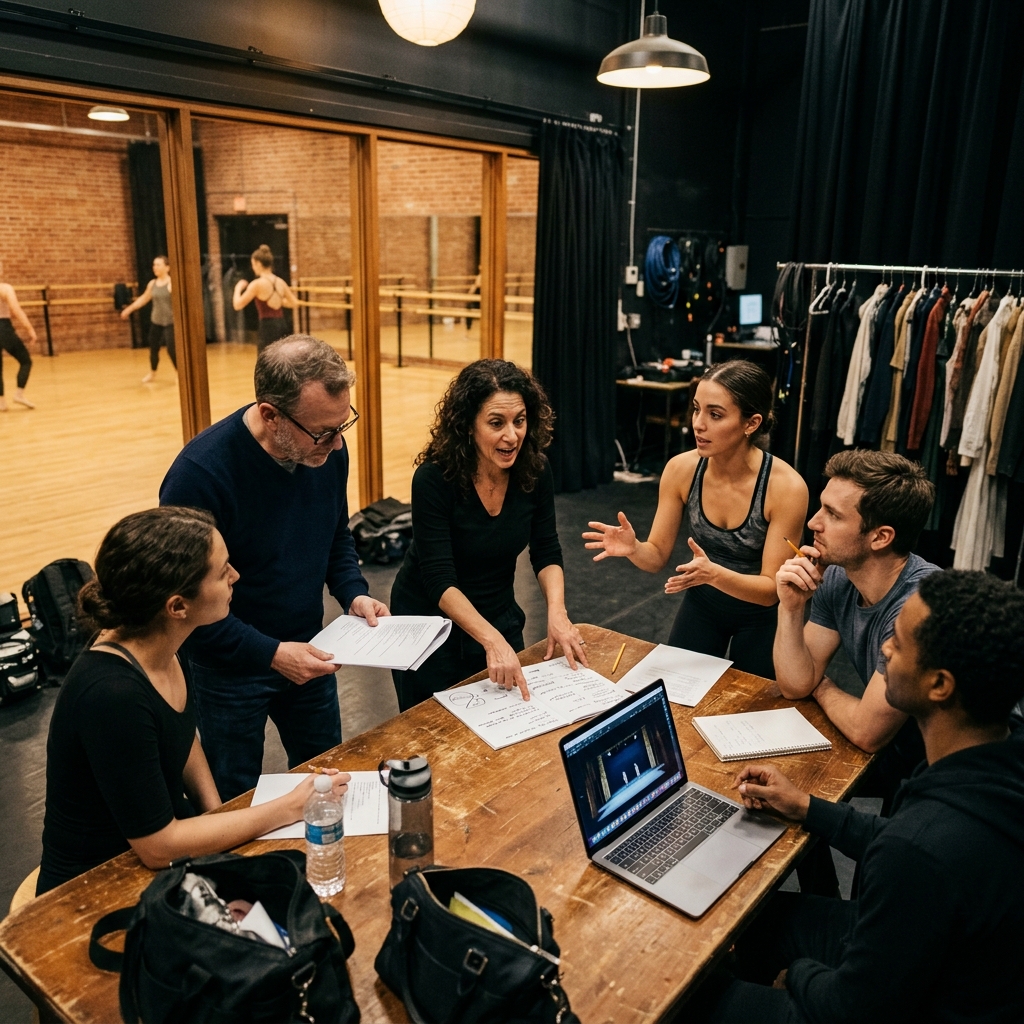 Dance professionals, teachers, and choreographers collaborating at a rehearsal table