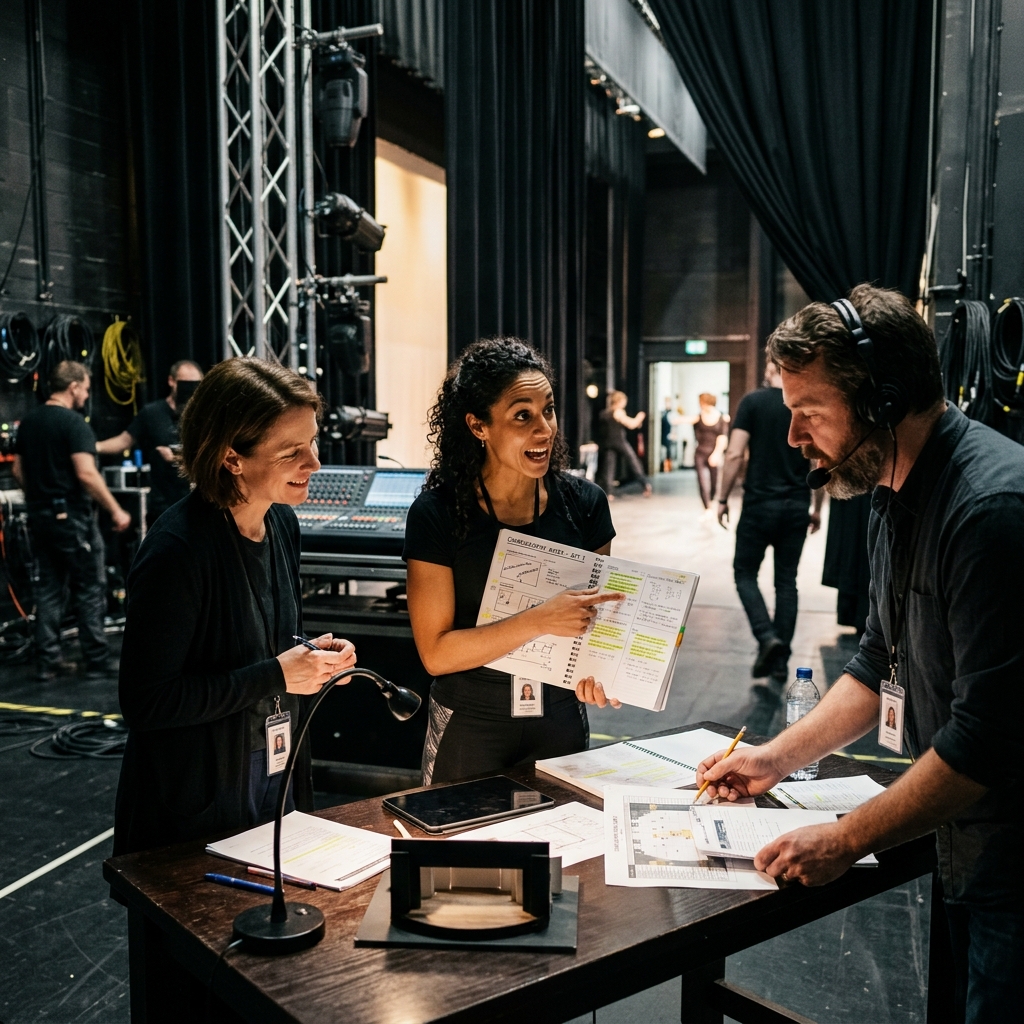 Choreographers and stage crew working in theater