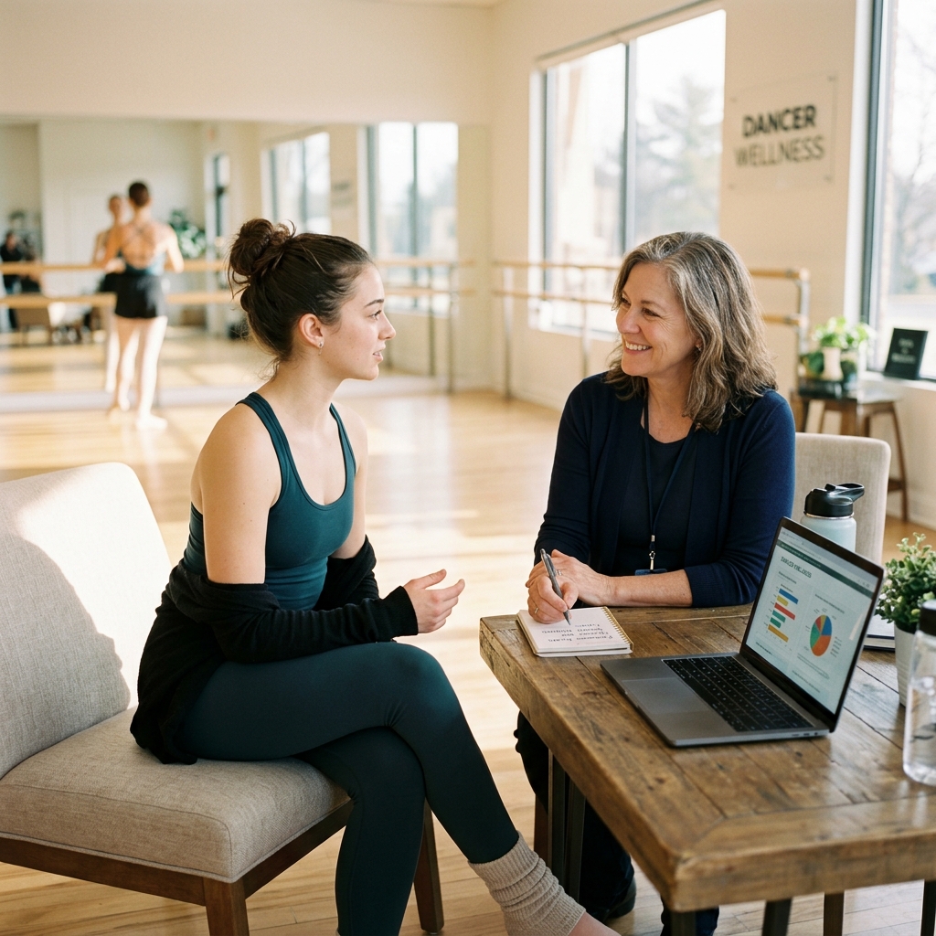 Physiotherapist and specialist consulting with a young professional dancer